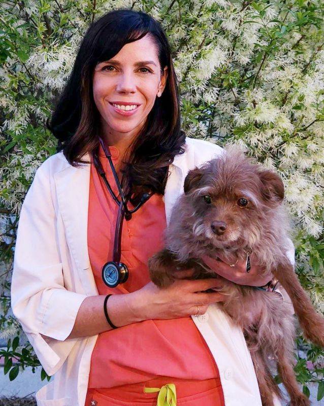 A woman in a lab coat holding a small dog.
