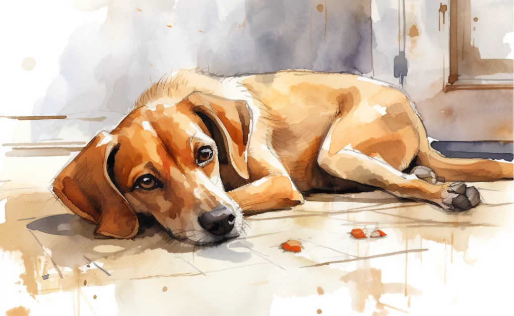 A watercolor painting depicting a dog with canine hip dysplasia lounging on the floor.