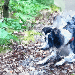 A watercolor painting of a dog in the woods.