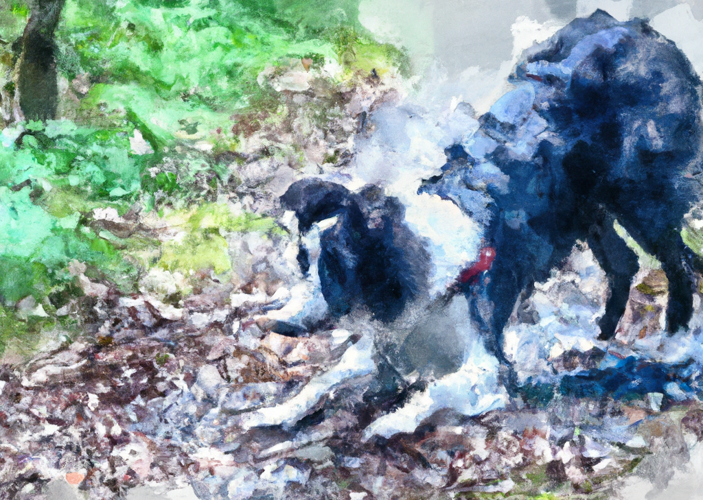 A watercolor painting of a dog in the woods.