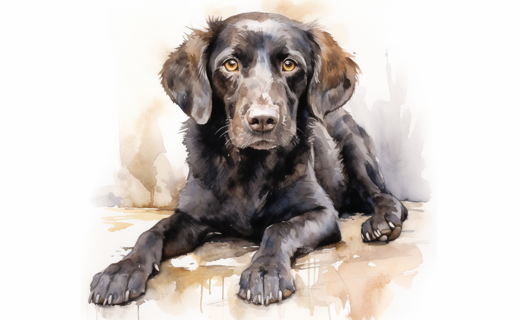 A watercolor painting of a dog with conjunctivitis, showing inflammation and swelling of the conjunctiva.