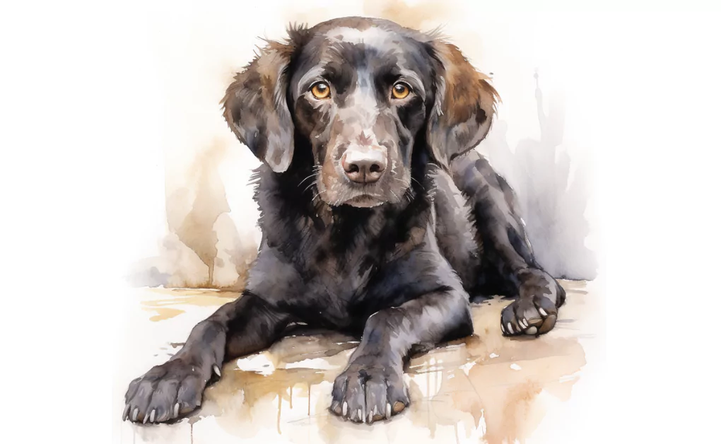 A watercolor painting of a dog with conjunctivitis, showing inflammation and swelling of the conjunctiva.