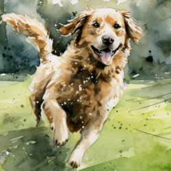 A watercolor painting of a dog embracing the challenge of running in the woods.