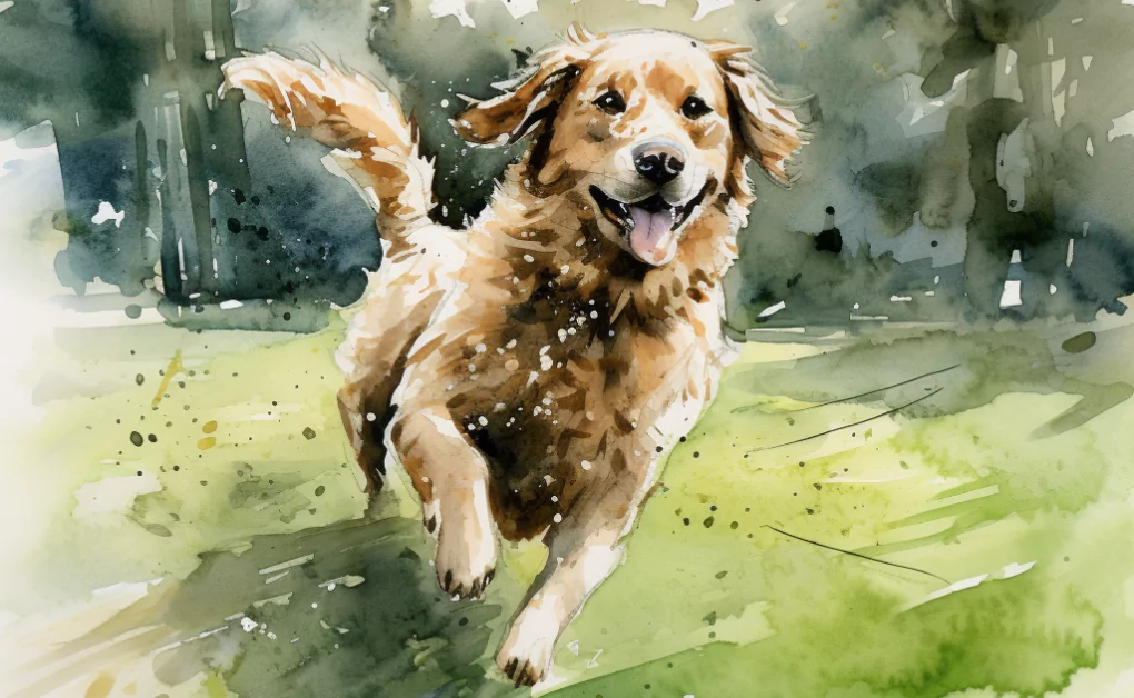 A watercolor painting of a dog embracing the challenge of running in the woods.