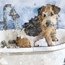 a dog taking a bath in a bathtub