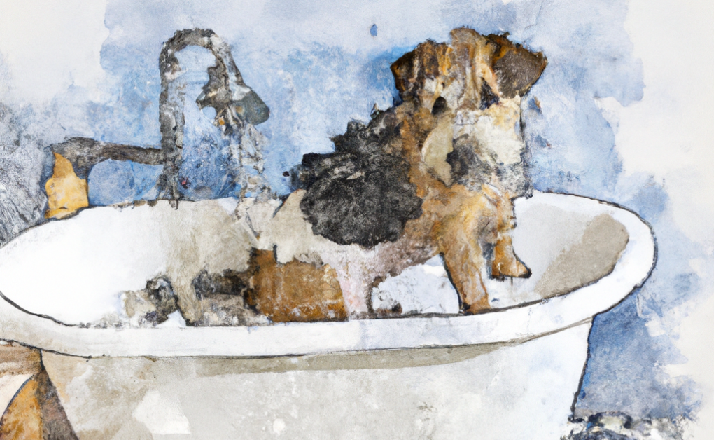 a dog taking a bath in a bathtub