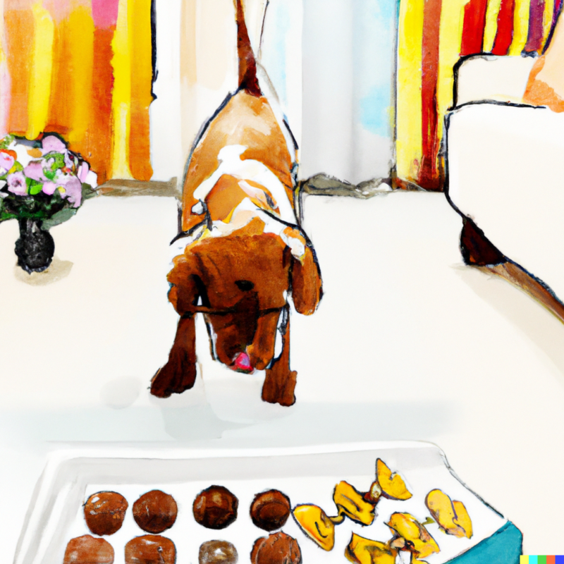 DALL E 2023 01 13 123452 a dog smelling chocolates in the living room bright colors watercolor style full body shot 1