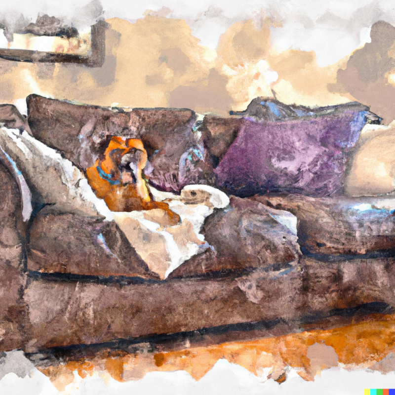 a dog on the couch with a blanket