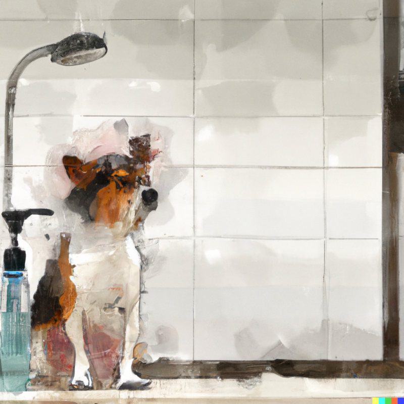 a dog in the bathroom with a medicated shampoo