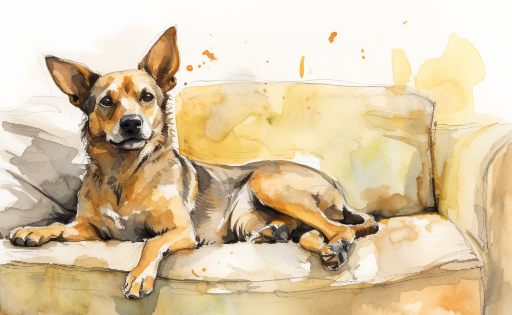 A dog sitting on a couch, featured in a watercolor painting.