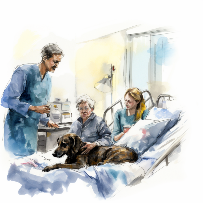 a dog in the hospital bed