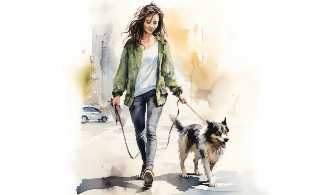 A watercolor illustration portraying a woman engaging in physical activity with her dog.