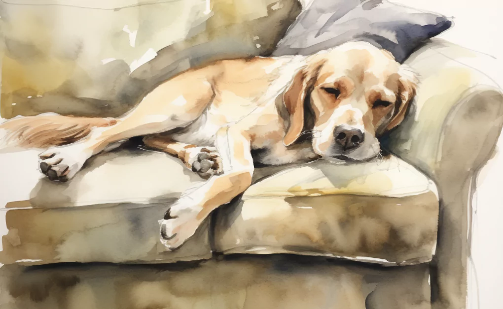 A watercolor painting of a dog prone to cancer sleeping on a couch.