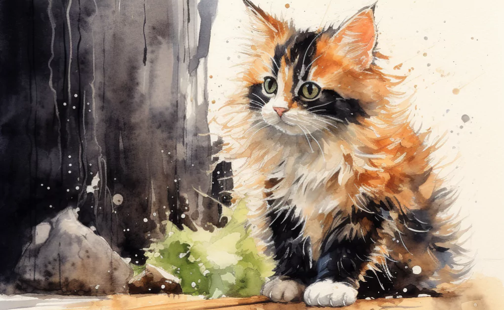 A watercolor painting of a kitten sitting next to a tree, ignoring hairballs.