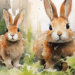 A watercolor painting of two pet rabbits in the grass.