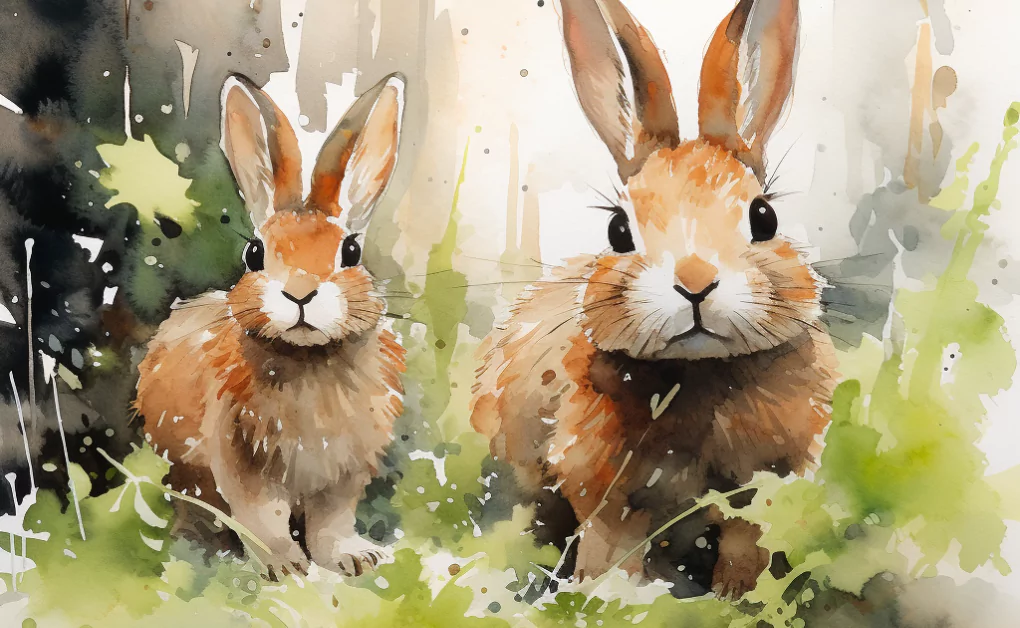 A watercolor painting of two pet rabbits in the grass.