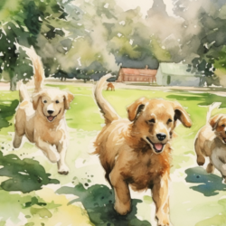 A watercolor painting of three golden retrievers running in the park during spring.