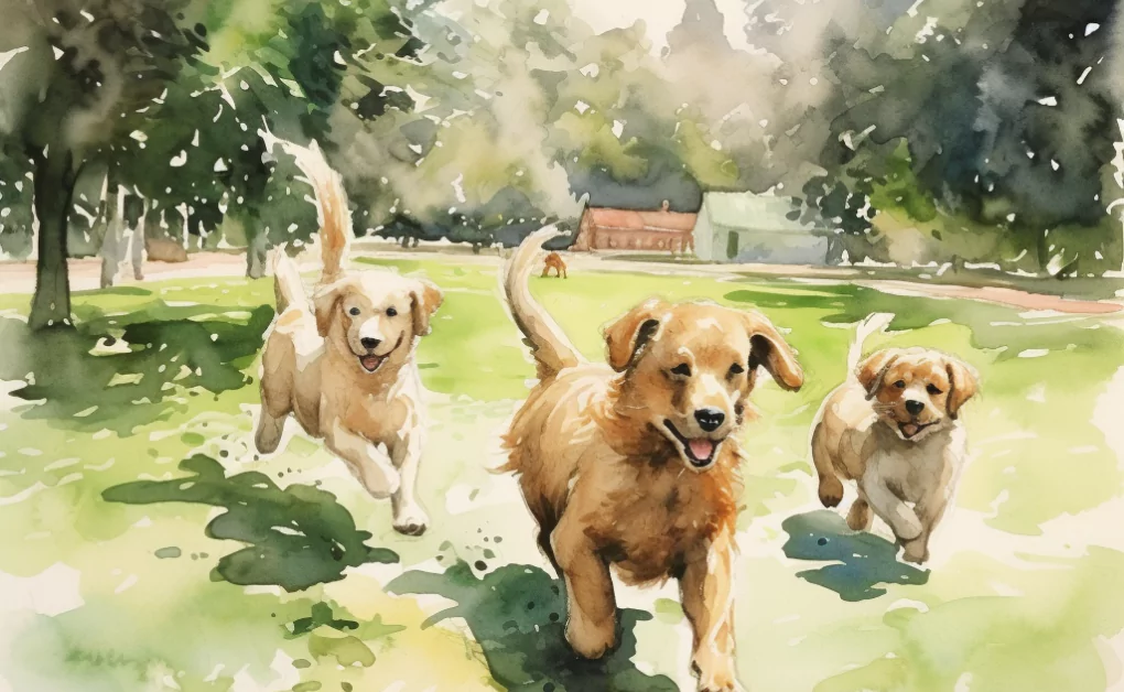 A watercolor painting of three golden retrievers running in the park during spring.