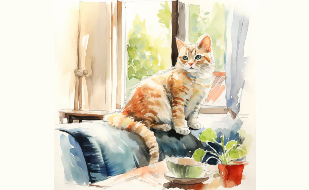 A cat sitting by a window in a watercolor painting.