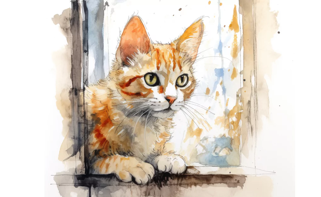 A watercolor painting of a cat with corneal ulcers in its eyes looking out a window.
