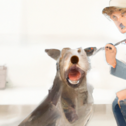 A depiction of a man engaging in dog dental care.