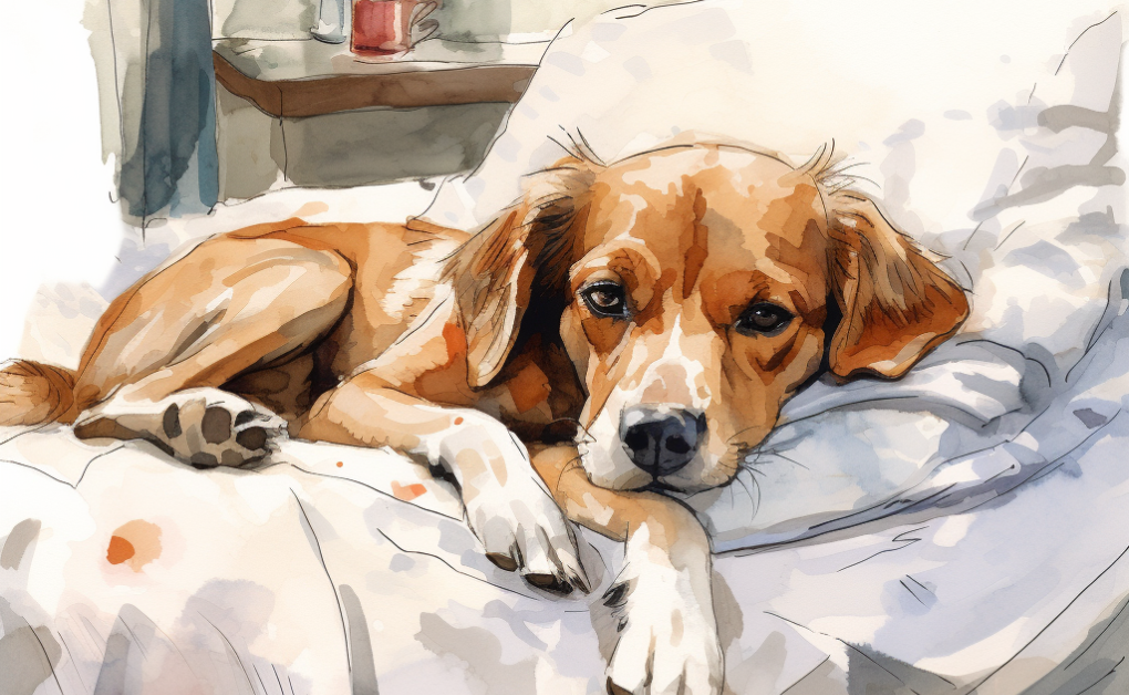 A watercolor painting of a dog peacefully resting on a bed.