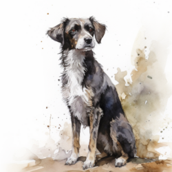 A watercolor painting of a senior dog sitting on the ground.