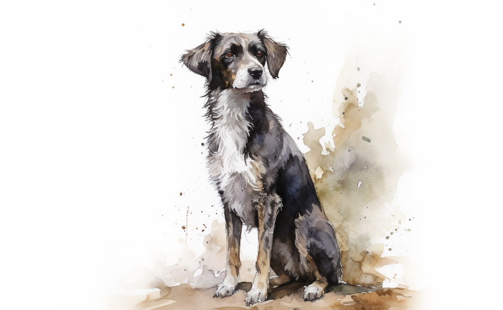 A watercolor painting of a senior dog sitting on the ground.