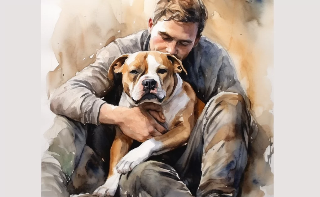 A watercolor painting portraying a man lovingly embracing his dog, despite the dog's brachycephalic breathing difficulties.