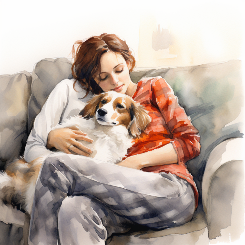 VAdrgvet a woman hugging her dog on the sofa loose watercolor s 603f3ba1 2205 4e76 a7ec e3c4157cb930