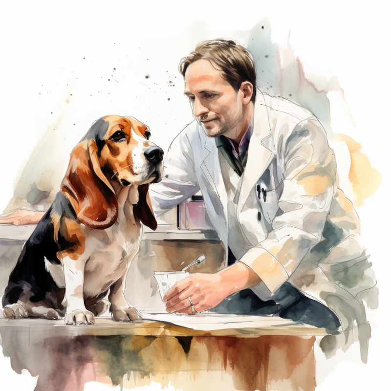 a basset hound and a vet
