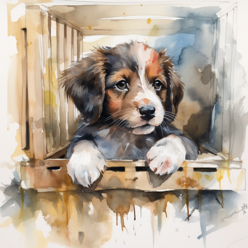 a puppy in a crate