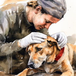 A watercolor illustration of a man gently petting a dog.