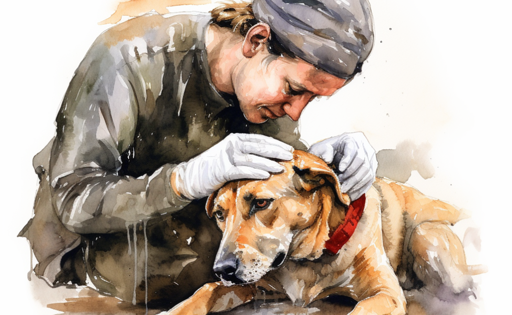 A watercolor illustration of a man gently petting a dog.