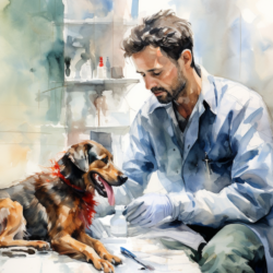 A watercolor painting of a man and his dog experiencing adrenal gland problems, such as Addison's Disease, resulting in low cortisol levels.