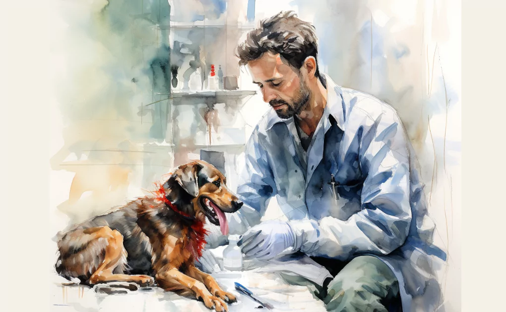 A watercolor painting of a man and his dog experiencing adrenal gland problems, such as Addison's Disease, resulting in low cortisol levels.