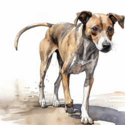 A watercolor painting of a dog on the ground.