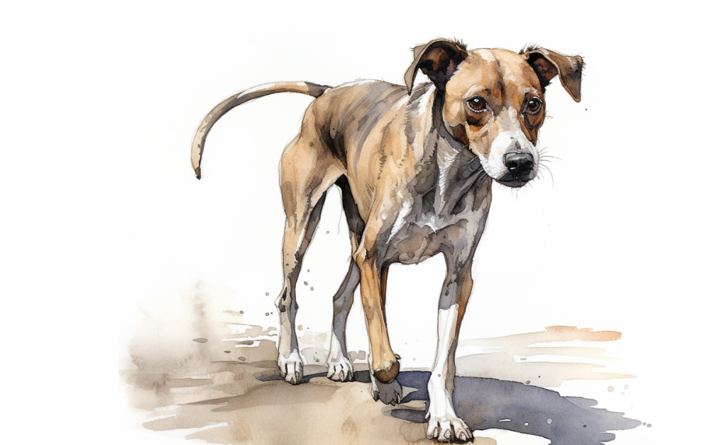 A watercolor painting of a dog on the ground.