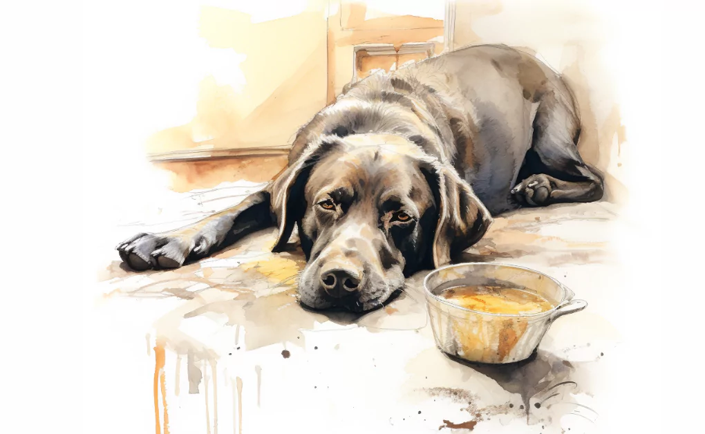 A watercolor painting of a dog with Cushings disease next to a bowl of food.