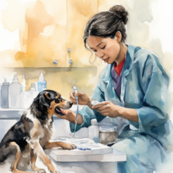 An illustration of a veterinarian providing care for a diabetic dog.