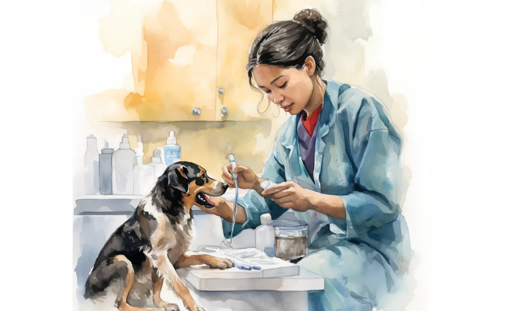 An illustration of a veterinarian providing care for a diabetic dog.