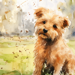 A watercolor painting of a dog with signs of mites in its ears.