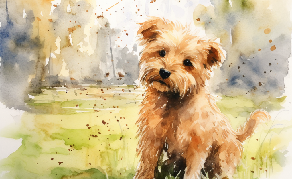 A watercolor painting of a dog with signs of mites in its ears.