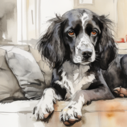 A watercolor painting of a dog with inflammed eyes sitting on a couch.