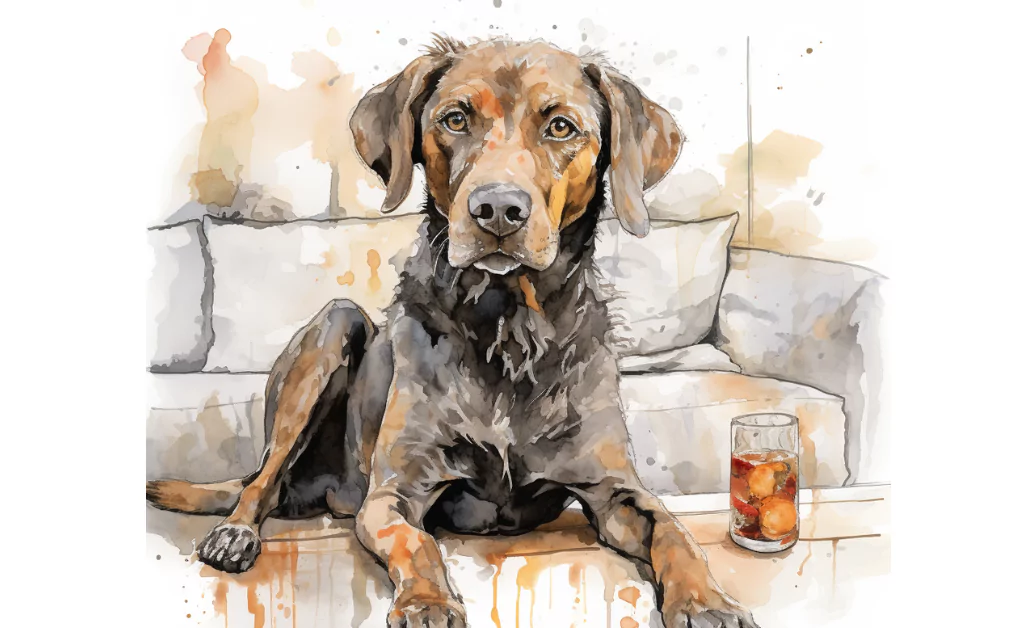 A watercolor painting of a dog sitting on a couch, emphasizing flea allergies.