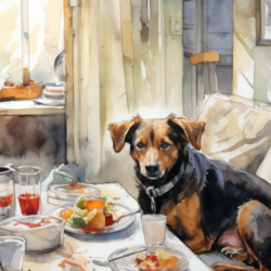 A watercolor painting of a dog with food allergies at breakfast.