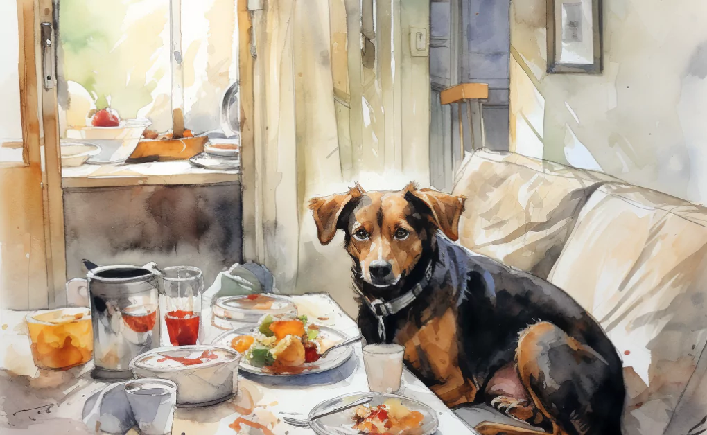 A watercolor painting of a dog with food allergies at breakfast.