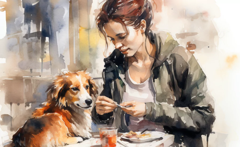 A watercolor painting of a woman and her dog with teeth problems.