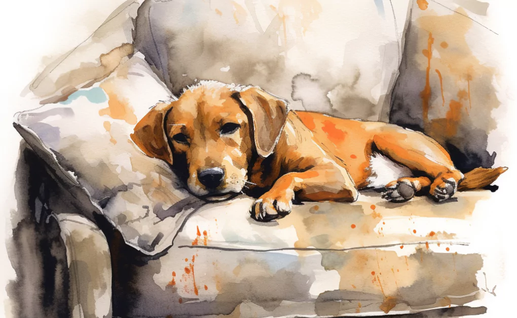 A watercolor painting portraying a relaxed dog on a couch.