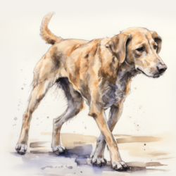 A watercolor painting of a dog walking on the ground, highlighting inherited conditions and genetic diseases in dogs.